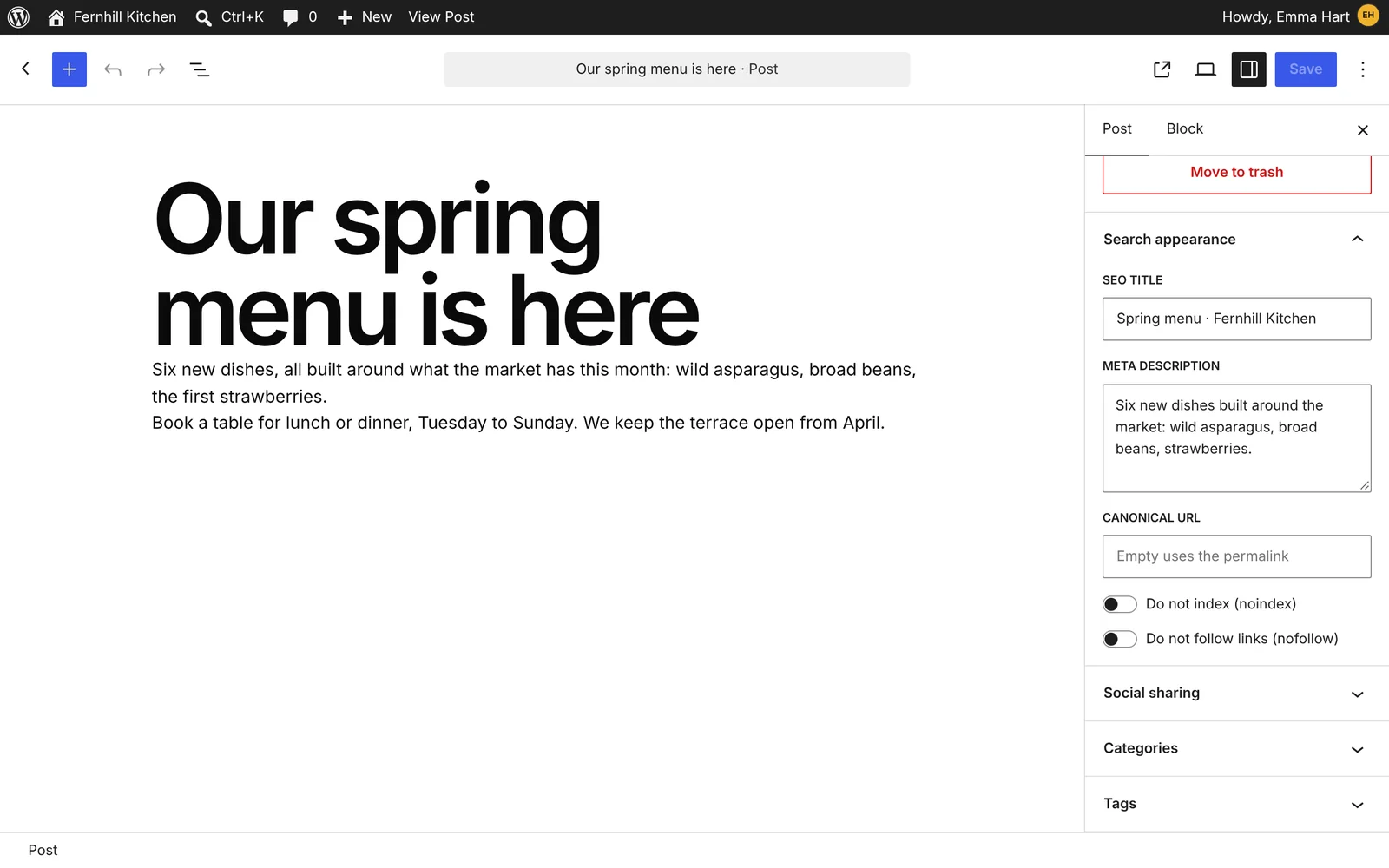 The block editor with the Search appearance panel of EasyRankly open: SEO title, meta description, canonical URL, noindex and nofollow