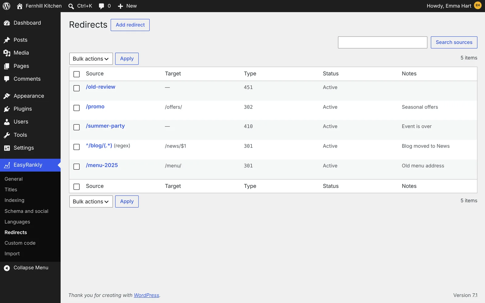 EasyRankly, Redirects: five redirects with their codes 451, 302, 410 and 301, one of them a regular expression