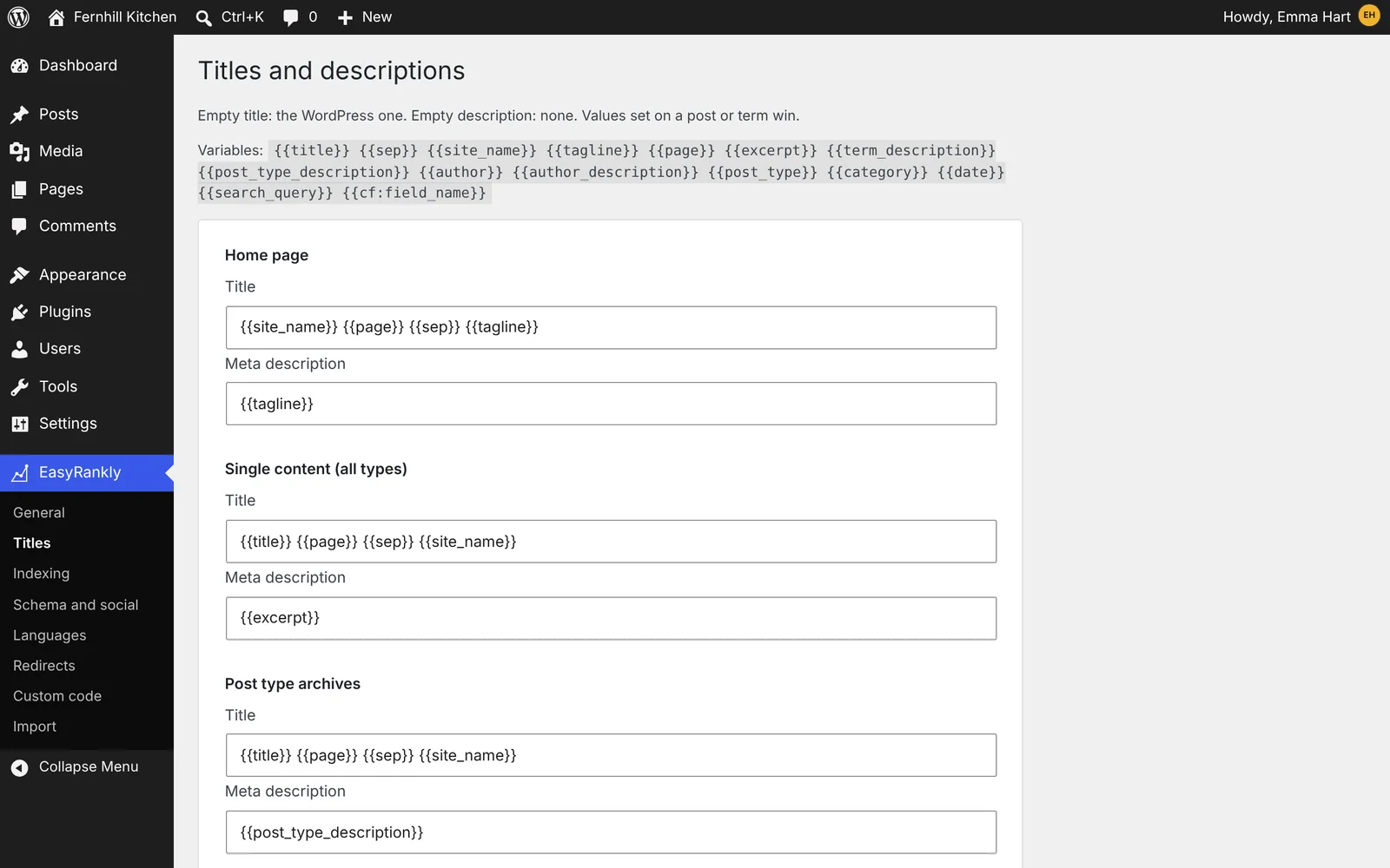 EasyRankly, Titles and descriptions: a title and description template for the home page, single content and archives