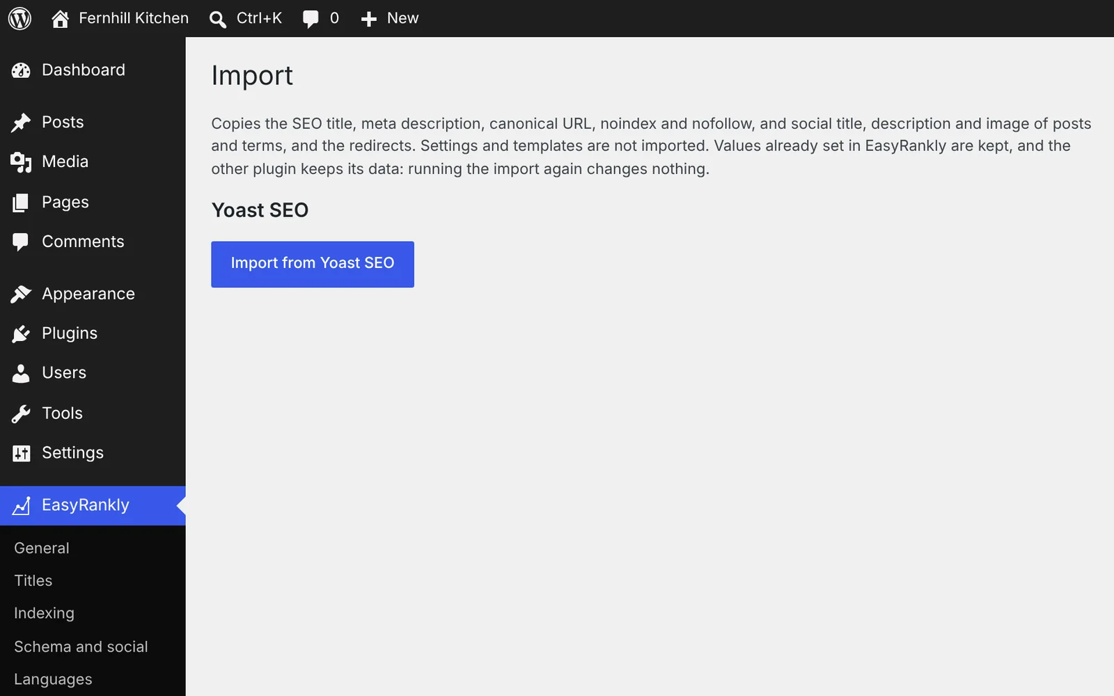 The Import screen of EasyRankly, with an Import from Yoast SEO button