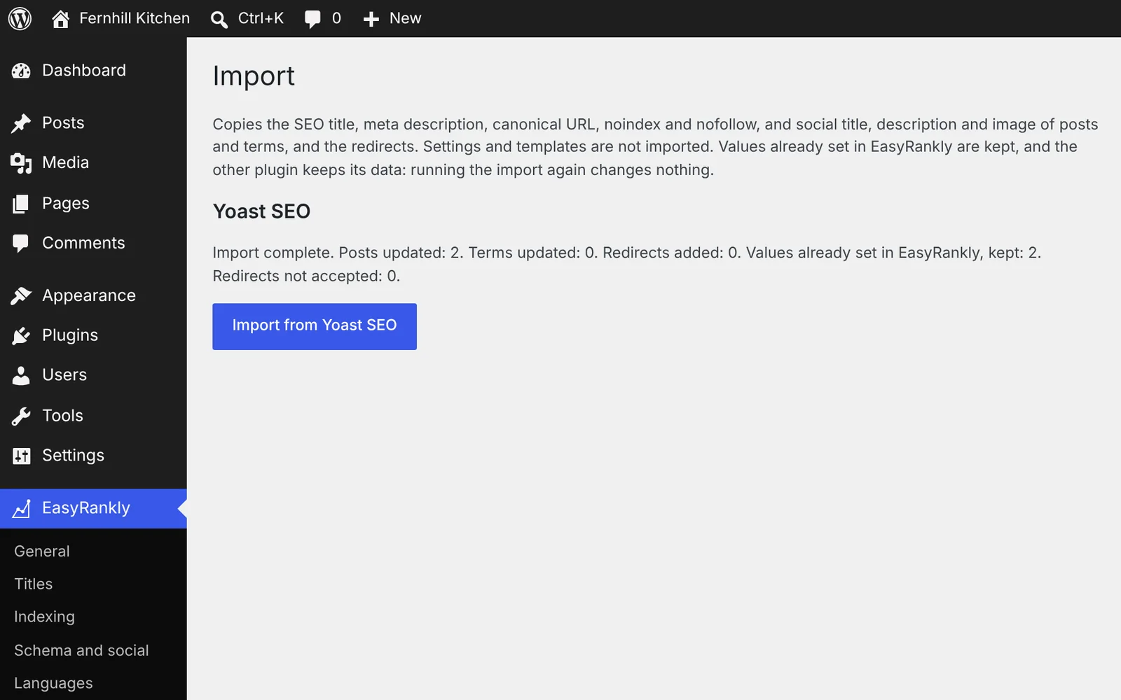 Import complete: posts updated 2, values already set in EasyRankly kept 2
