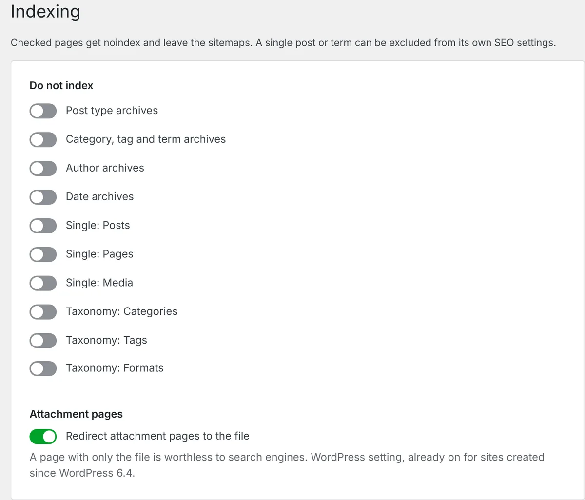 EasyRankly, Indexing: switches for archives, single posts, pages, media and taxonomies, and a switch that redirects attachment pages to the file