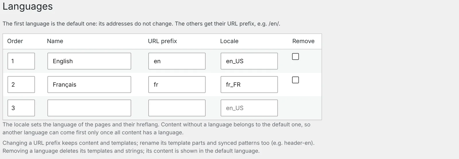 EasyRankly, Languages: English first, with the prefix en and locale en_US, then Français with the prefix fr and locale fr_FR