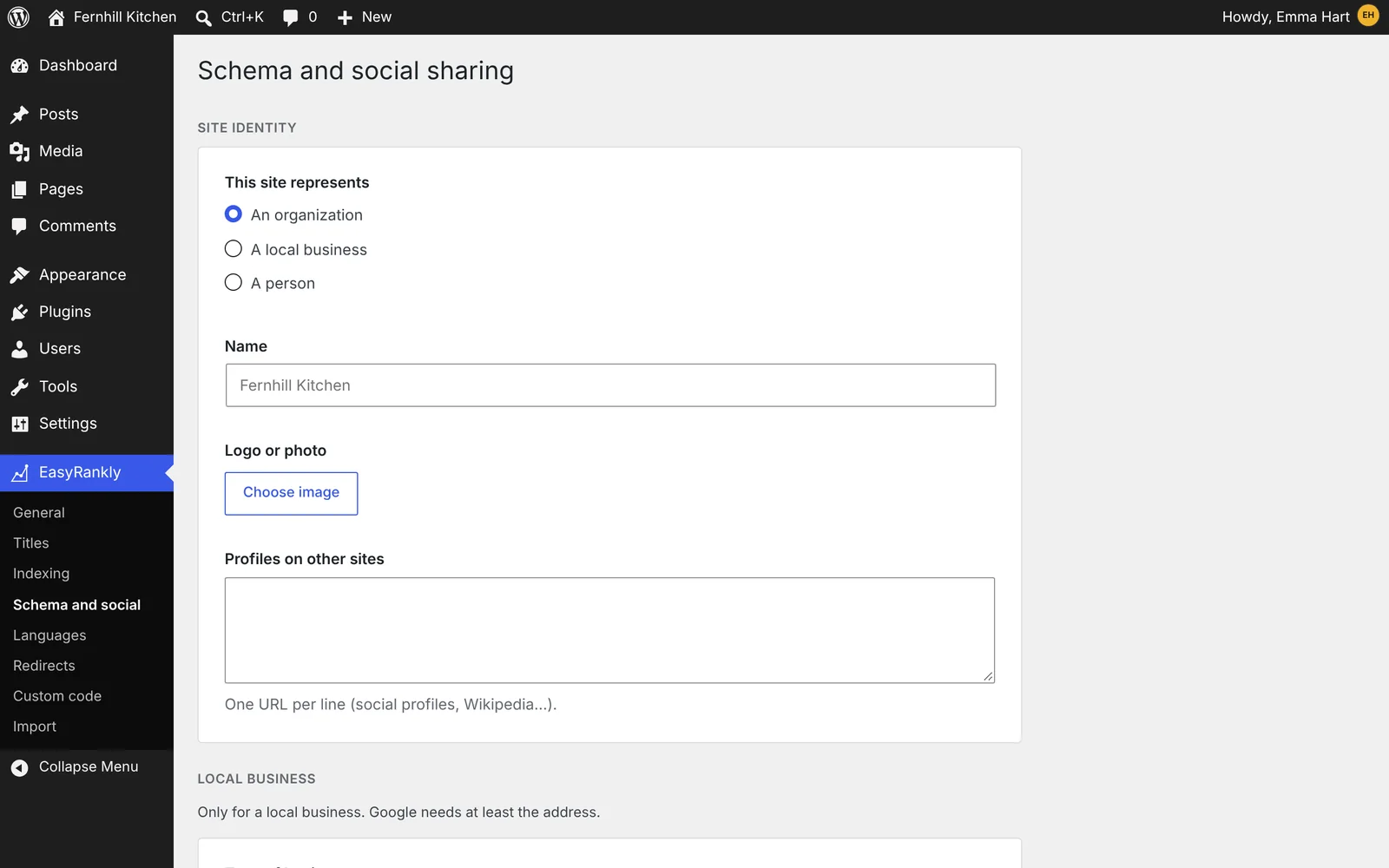 The WordPress admin with the EasyRankly menu open on Schema and social sharing: the site represents an organization, its name and logo