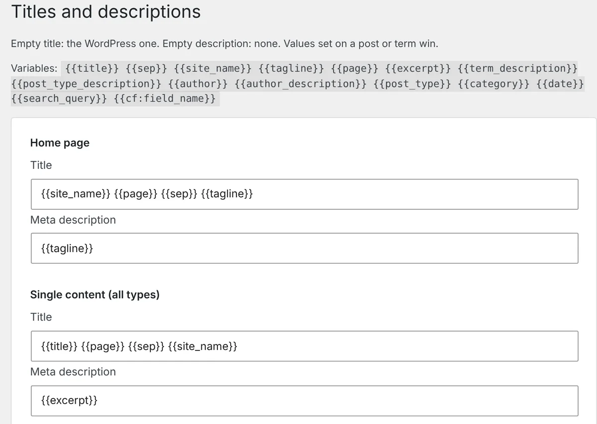 EasyRankly, Titles and descriptions: the list of variables and the title and description templates of the home page and of single content
